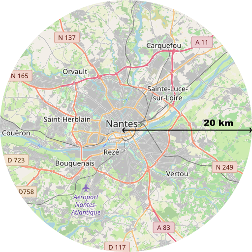 carte zone 20 km autour de Nantes